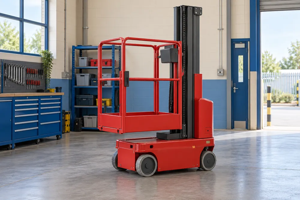 Compact red vertical mast platform beside blue tool cabinets in a Bristol workshop