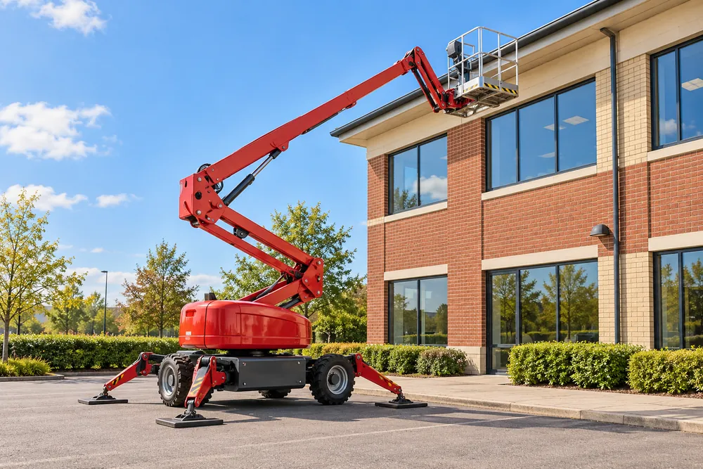 Red cherry picker on stabilisers with its basket beside the roof of a Bristol office building