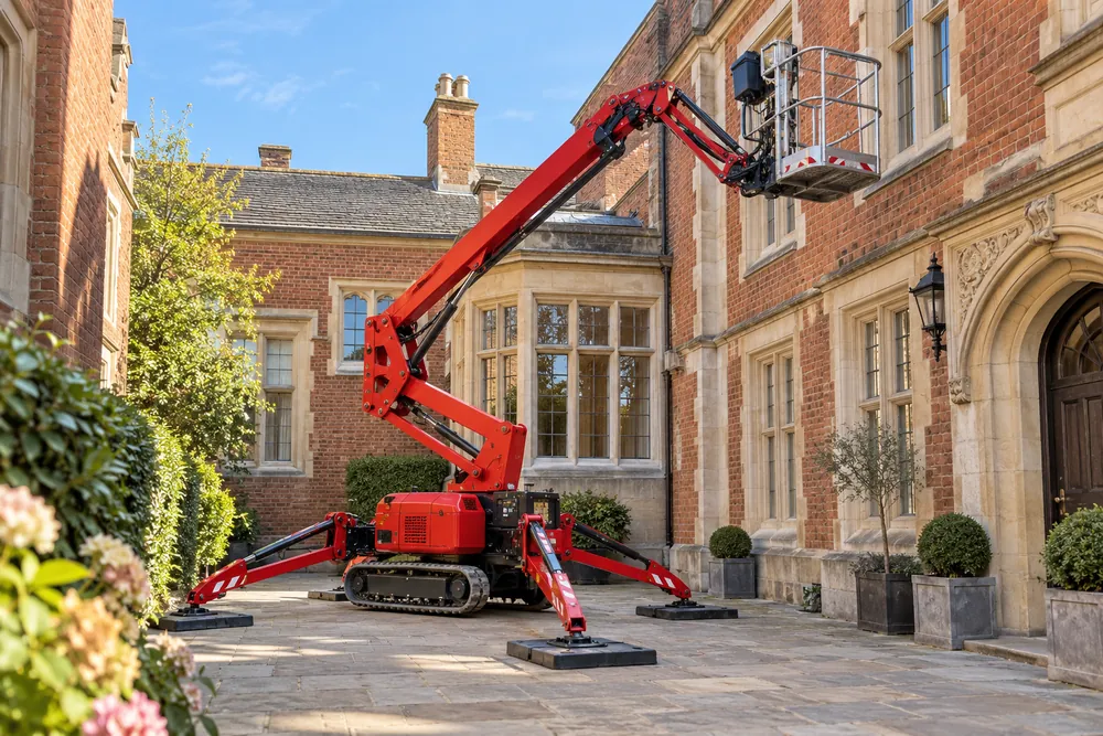 Tracked red spider lift on extended stabilisers in a Bristol brick courtyard