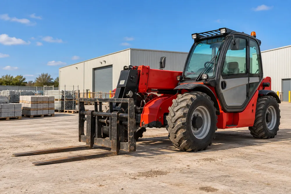 Red telehandler with lowered forks beside stacked building materials in a Bristol yard